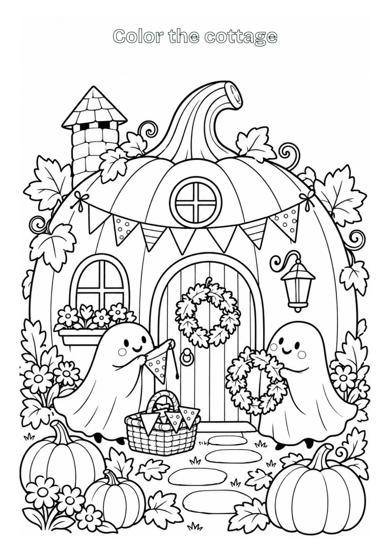Pumpkin cottage coloring printable page