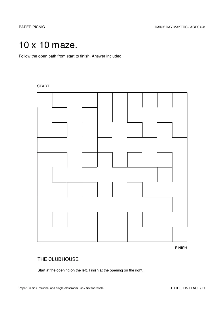 Rainy Day Makers 10 x 10 maze printable